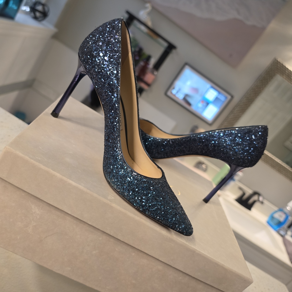 Jimmy Choo Blue Glitter Pointed Toe Pumps - Picture 2 of 5